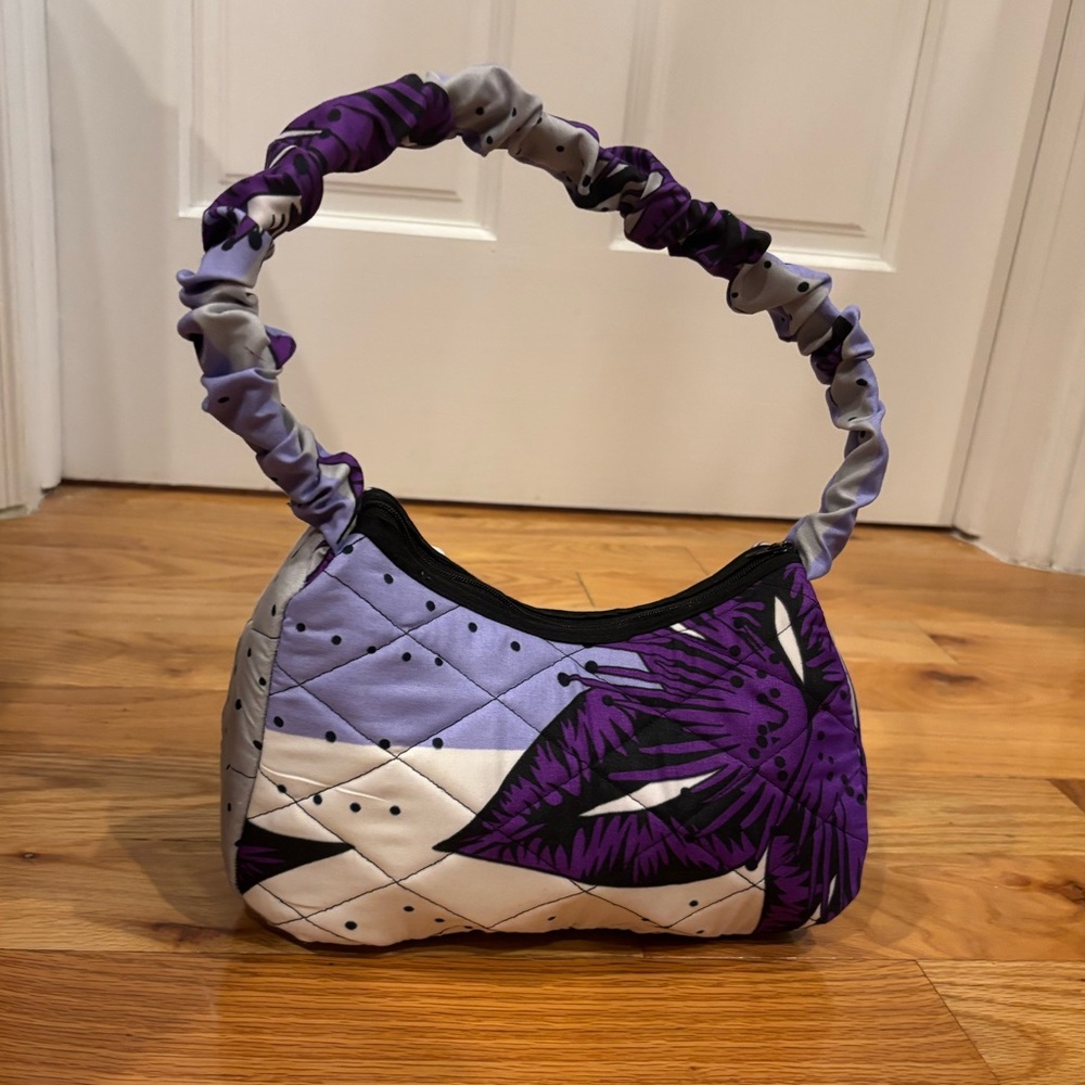 Purple African Floral Print Quilted Asymmetrical Handbag with Ruffled Strap